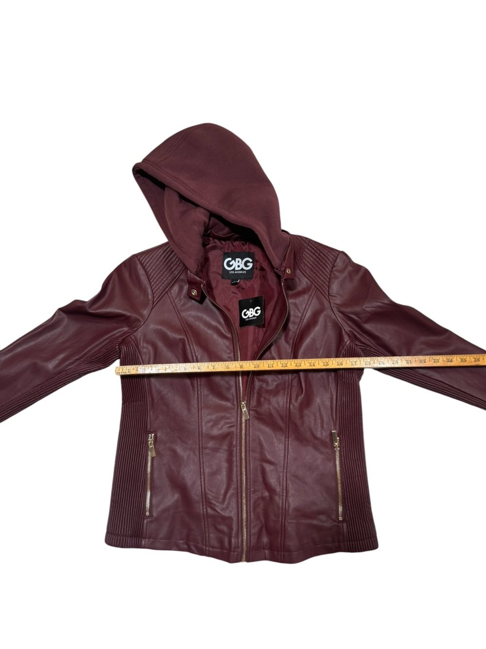 GBG Los Angeles NWT Faux Leather Hooded Moto Jacket Burgundy Women’s Large - Picture 3 of 12